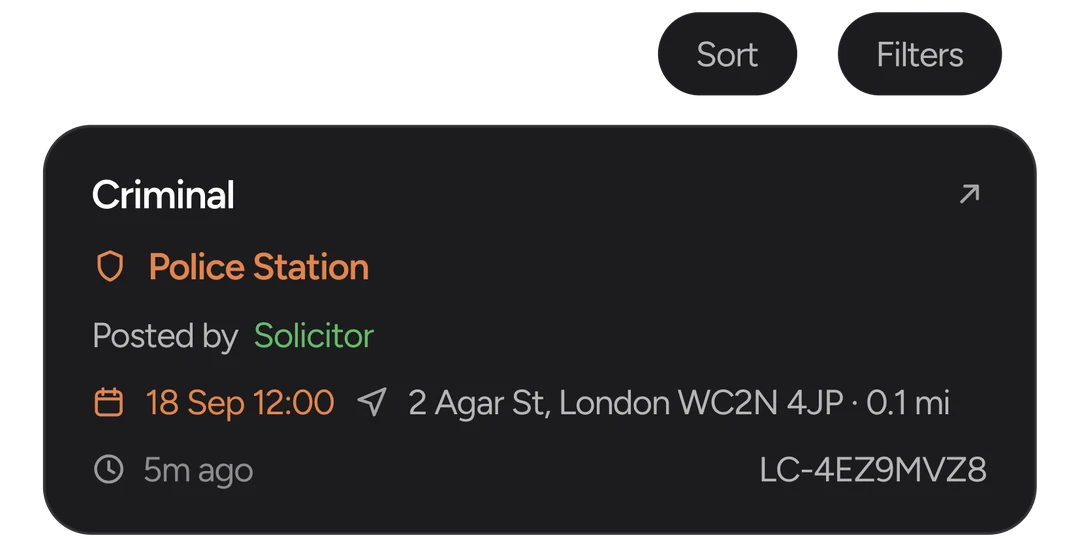 Nearby cases list with Sort and Filters buttons