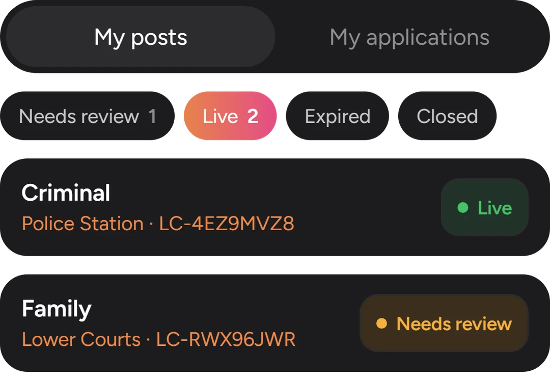 My posts tab with cases marked Live and Needs review