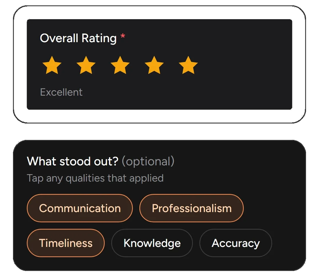 Review screen with a five-star rating and endorsements for communication, professionalism and timeliness